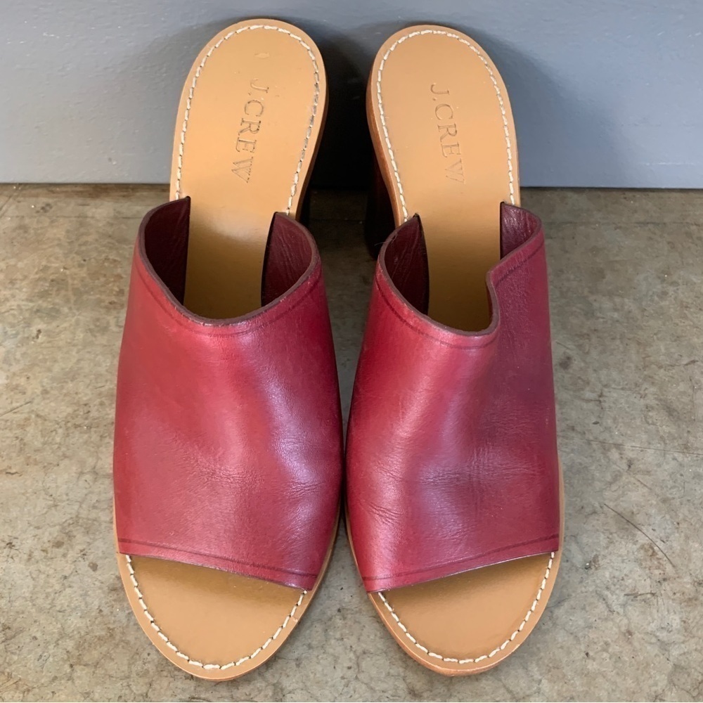 J. Crew Dark Red Leather Slip on Open Toed Stacked‎ Heel Shoes Size 8